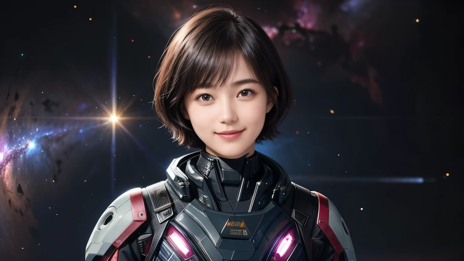 208 Short Hair, 20 year old female, Floral, A kind smile, Futuristic clothing, machinery suit, (The background is a galaxy and nebula)