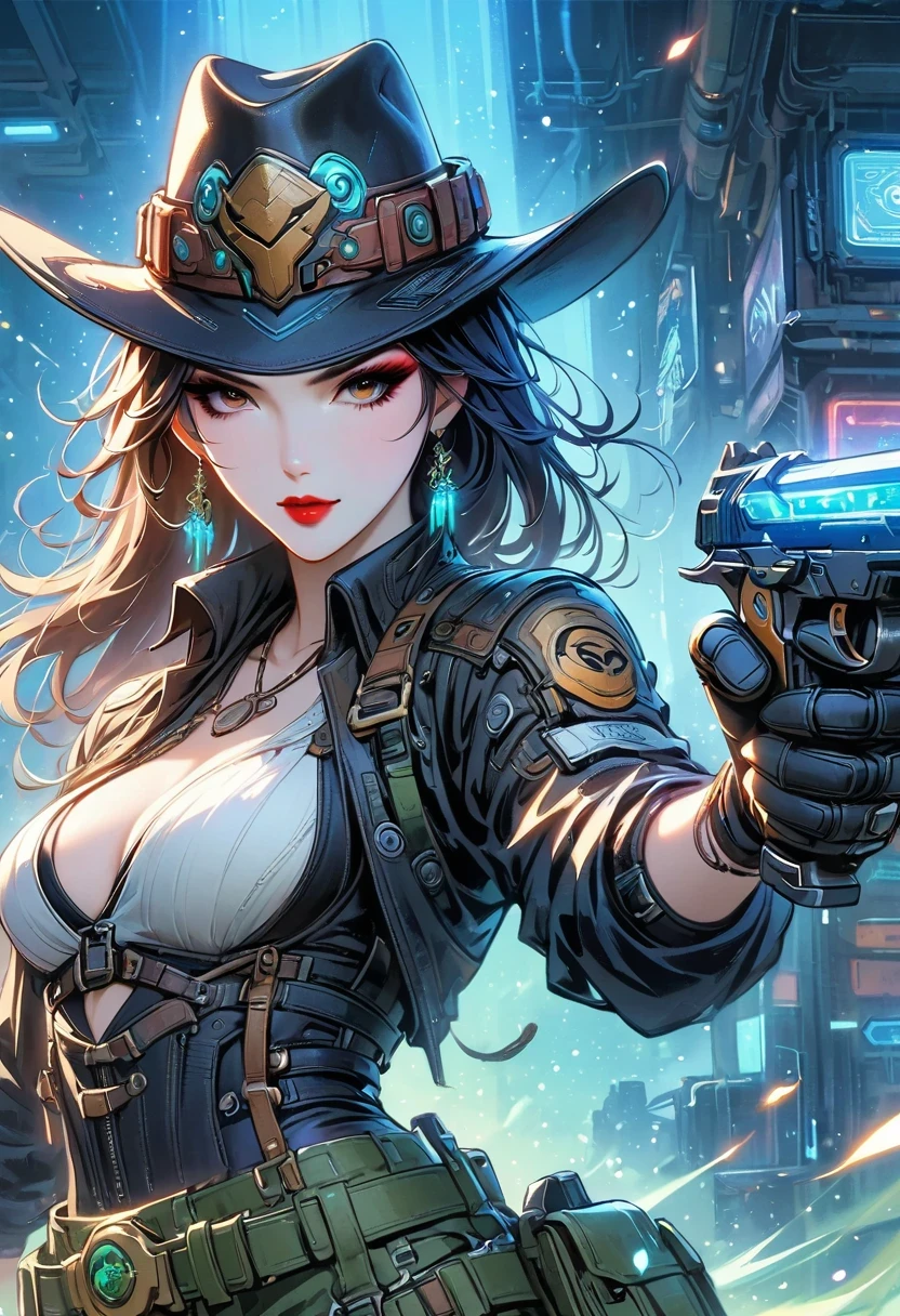 masterpiece, pale skin, red lips, light eyes, Eyeshadow, Front view of a beautiful woman wearing a stylish cowboy hat，Cyberpunk cowboy in interstellar tavern，Futuristic starry sky background，Alien Technology，Mechanical Cowboy，Wearing a red and black mechanical suit, Mafia style mechanical suit,Wearing a stylish cowboy hat，Jeans and high heels, Very detailed body, Alien Technology in detail, Chiaroscuro, Natural light, Very detailed,