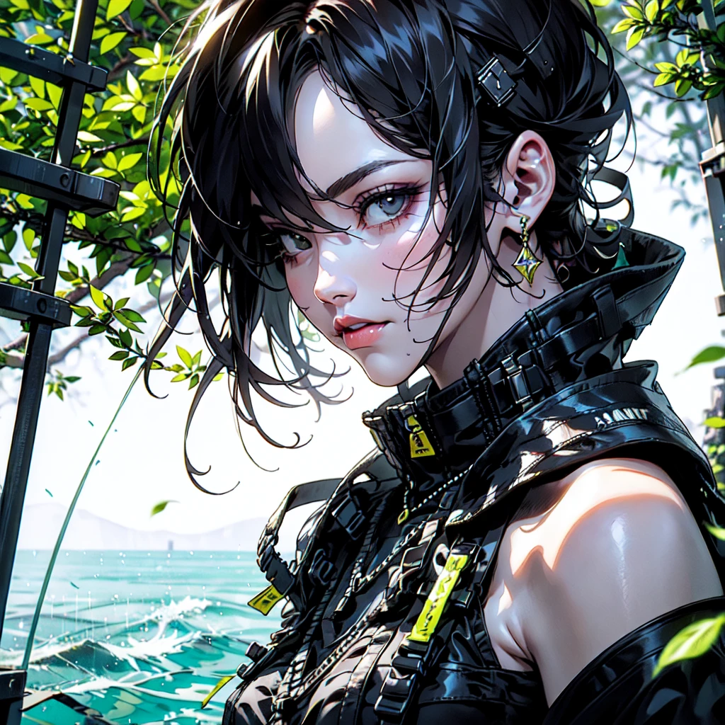 solo Adult female, (masterpiece), best quality, expressive eyes, perfect face, Dark lines, Frenya, the first descendant, short black hair, brown eyes, eyes, black leather jacket, large breasts, character centered in image, half body shot, close up shot, looking at viewer, dark city, black and green lighting, poisonous clouds, poisonous fumes, strong pose, cleavage, gloves, belt, short hair, glowing, masculine features, strong jaw,