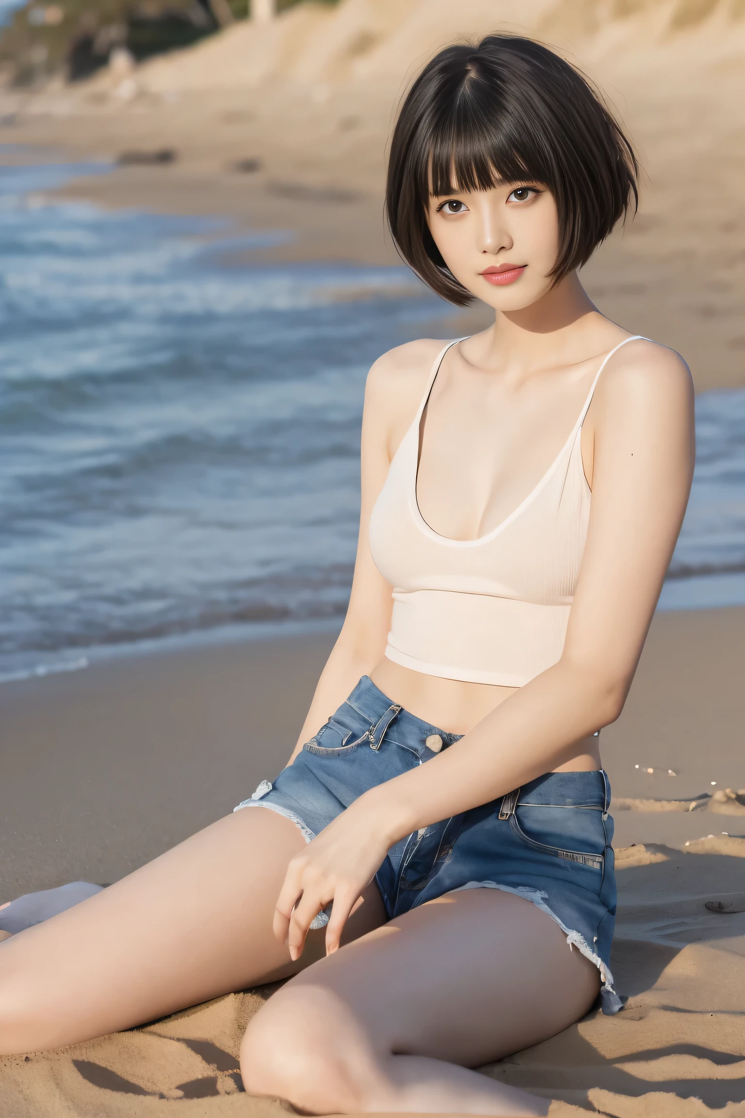 ,(((masterpiece, highest quality, Very detailed))), 1 female, (((very thin body))) , (((length, Thin legs))), (((black short hair,Blunt bangs):1.2)), (((Very detailedな顔))), No cosmetics, small, Thin Nose, small thin mouth, (((Very sharp focused eyes))), Japanese, Beautiful Face, (A vivid face), Beautiful Hairstyles, Realistic eyes, Beautiful and beautiful eyes, Beautiful body,(real skin), Beautiful Skin, charm, Ultra-high resolution, Surreal, Attention to detail, Golden Ratio, Elevation,(Detail Makeup:1.2), Tank top,wearing hot pants,Beach,sandy Beach,Leg spread,Shooting from below