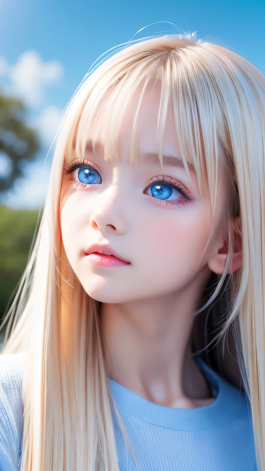One beautiful girl、Portrait、、blue sky、bright and beautiful face、young, Very white shiny skin、The best beauty、Super long blonde hair with dazzling light reflections、Beautiful natural platinum blonde super long silky straight hair、long bangs between the eyes,、Extraordinarily beautiful 15-year-old、Large, shining, clear, light blue eyes、Very big eyes、Small Face Girl、round face、Cheek gloss highlight