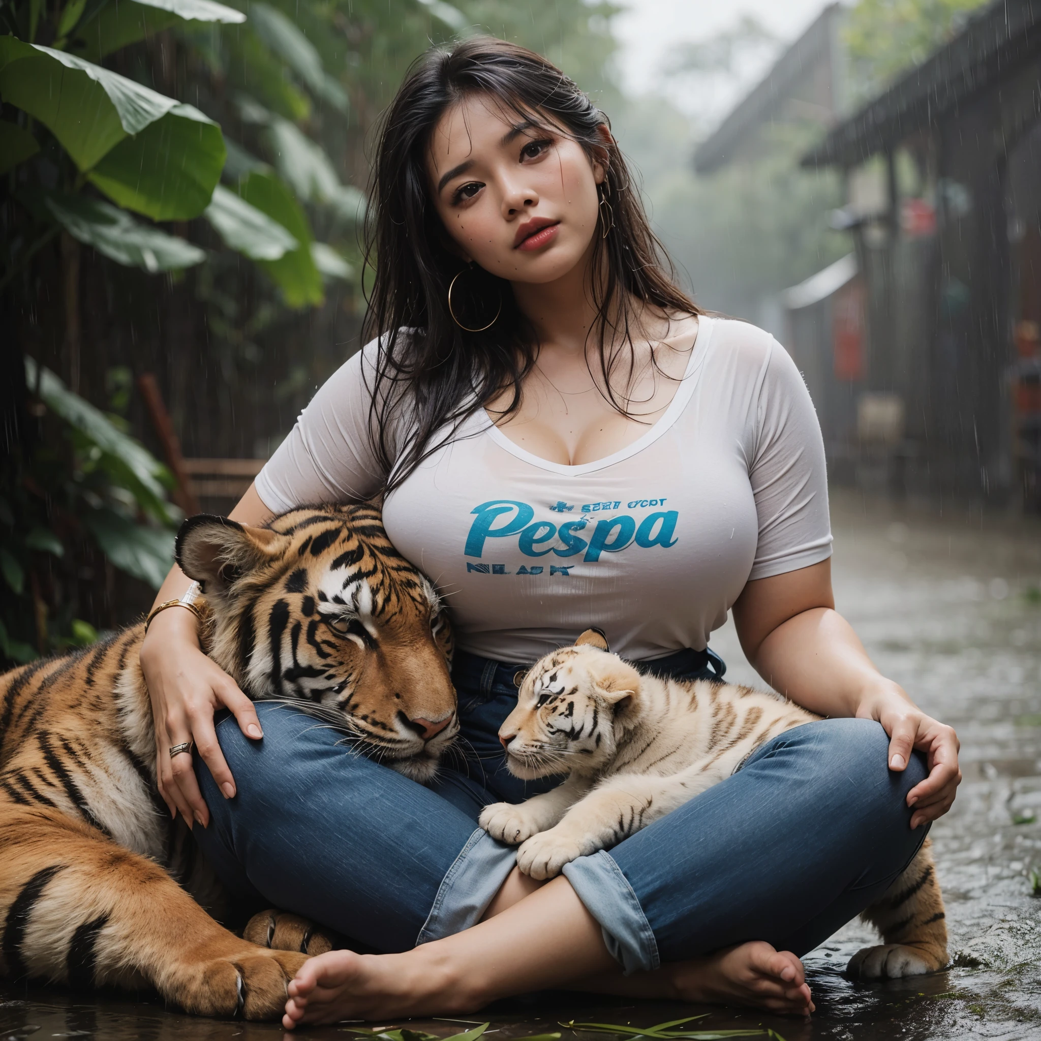 Indonesia woman. Plump woman, wet, tiger