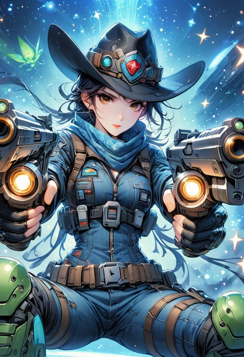 Alien in denim suit on alien spaceship,Wearing a stylish cowboy hat,Futuristic starry sky background,Alien Technology,Mechanical Cowboy,Mechanical spaceship