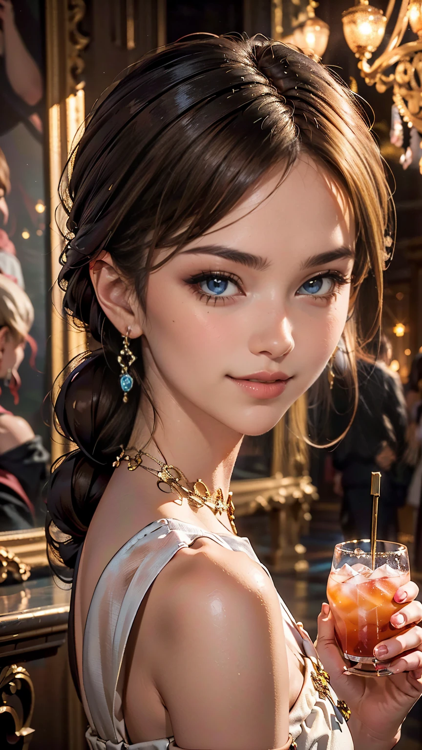 ((最high quality, 8K, masterpiece: 1.3, Ultra HD, high quality, 最high quality, High resolution, realism)) 、25-year-old Caucasian female、blue eyes、long hair、smile、slender、slenderだがアスリートのような細マッチョ、I want my head to stay off screen、Wear accessories on your wrist、Wearing red nail polish、I have a peticure、aerial perspective((atmospheric perspective))、smile((smiley))、background blur((depth of field)、crystal earrings((crystal earrings))、Dark Blonde、Multi-Thai Hair((multi-tied hair))、Delphos dress((delphos dress))wear、Wear stiletto heels、At a party in a fancy hotel、Holding a cocktail glass