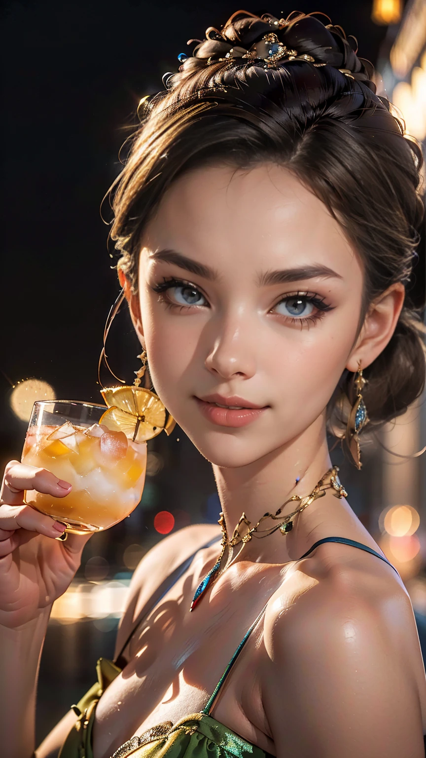 ((最high quality, 8K, masterpiece: 1.3, Ultra HD, high quality, 最high quality, High resolution, realism)) 、25-year-old Caucasian female、blue eyes、long hair、smile、slender、slenderだがアスリートのような細マッチョ、I want my head to stay off screen、Wear accessories on your wrist、Wearing red nail polish、I have a peticure、aerial perspective((atmospheric perspective))、smile((smiley))、background blur((depth of field)、crystal earrings((crystal earrings))、Dark Blonde、Multi-Thai Hair((multi-tied hair))、Delphos dress((delphos dress))wear、Wear stiletto heels、At a party in a fancy hotel、Holding a cocktail glass