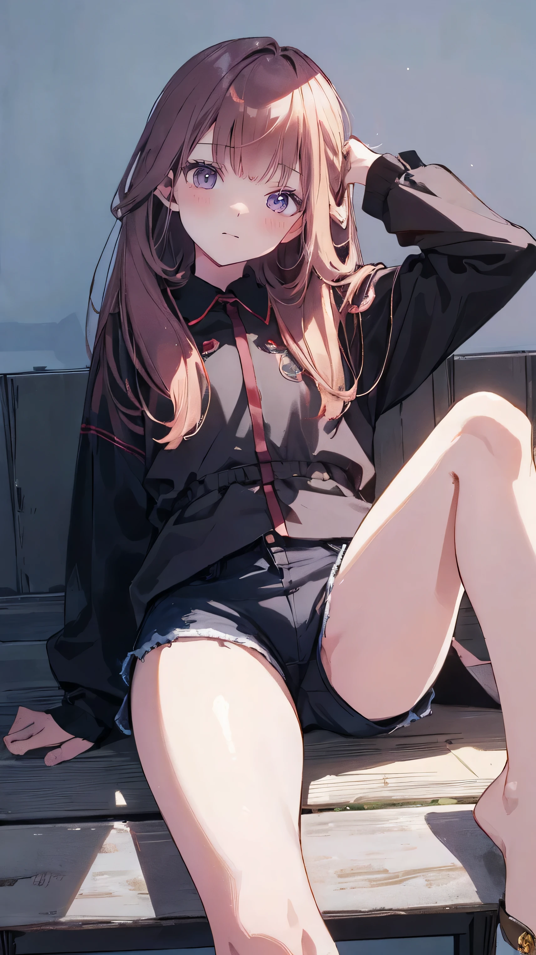 master piece、Highest image quality、highest quality、 ((panic))、glossy hair quality、small face、sitting、Super detailed and beautiful bright eyes、Super detailed clear and beautiful face、(cute illustration:1.2), High-resolution, ultra-detailed, best quality, embarrassed、(cute underwear)、(Gaps in shorts)
