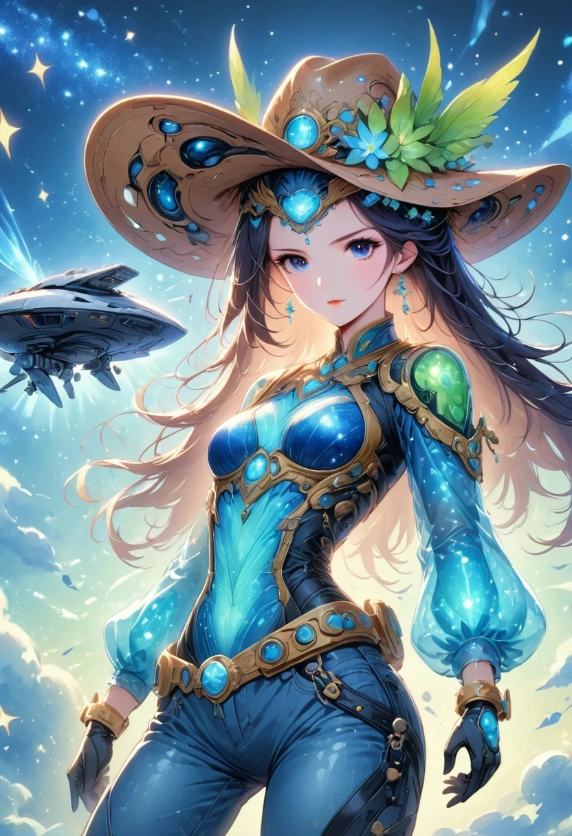 Alien in denim suit on alien spaceship,Wearing a stylish cowboy hat,Futuristic starry sky background,Alien Technology,Mechanical Cowboy,Mechanical spaceship