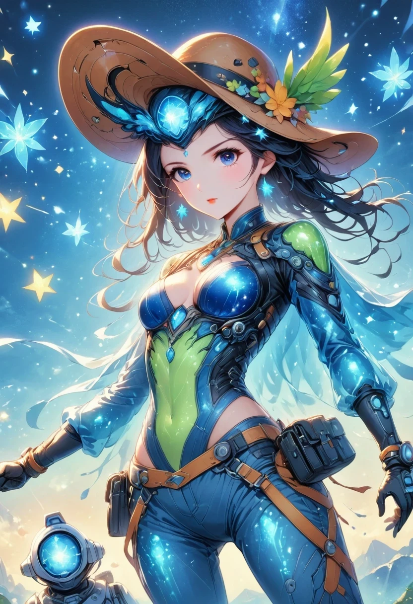 Alien in denim suit on alien spaceship，Wearing a stylish cowboy hat，Futuristic starry sky background，Alien Technology，Mechanical Cowboy，Mechanical spaceship
