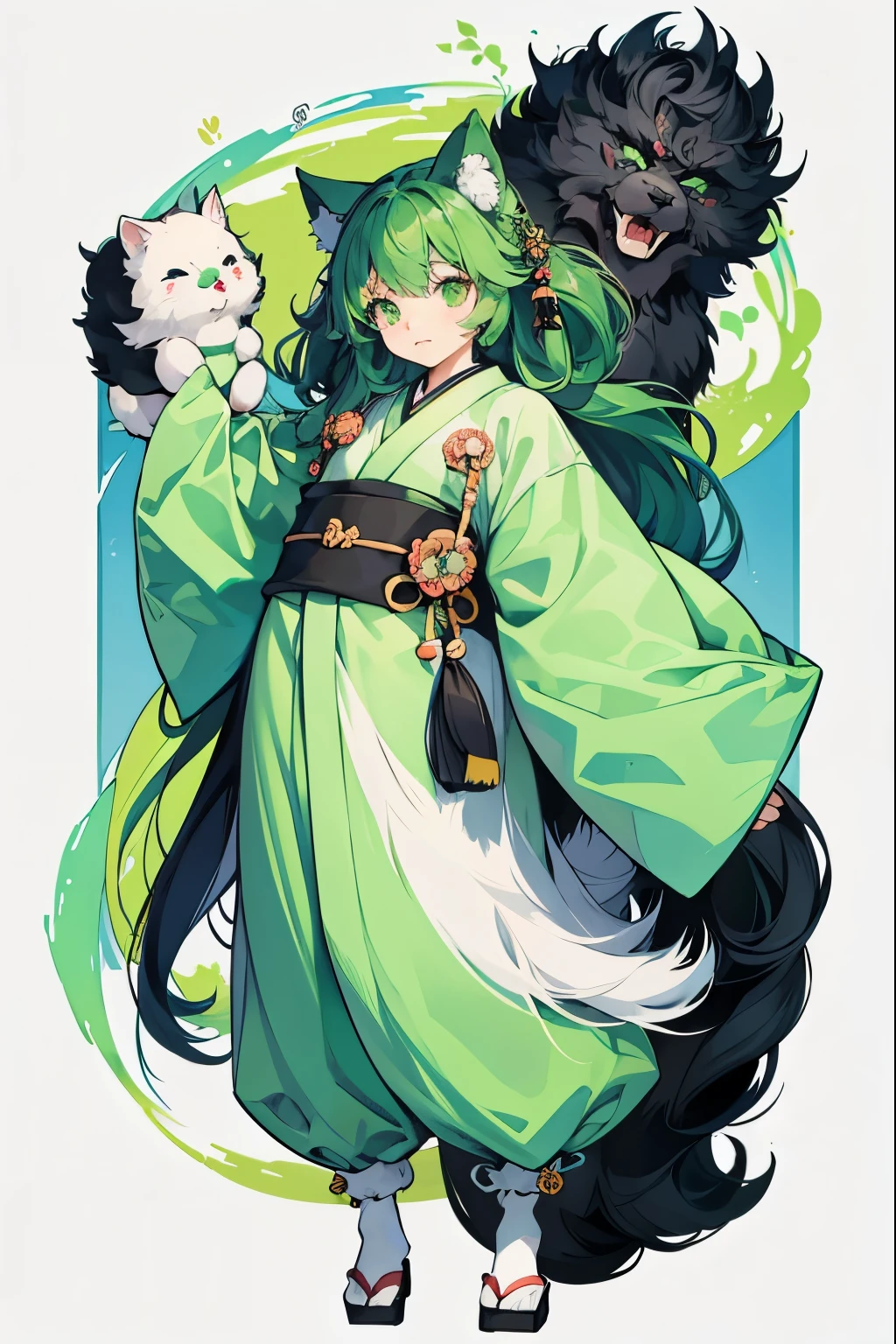 not humancharacter、Japanese style、not human、Bipedal animals、character、A form reminiscent of a girl、deformed、cute、fluffy、whole body、fluffyな毛並み、Fluffy、A green-based color scheme、black