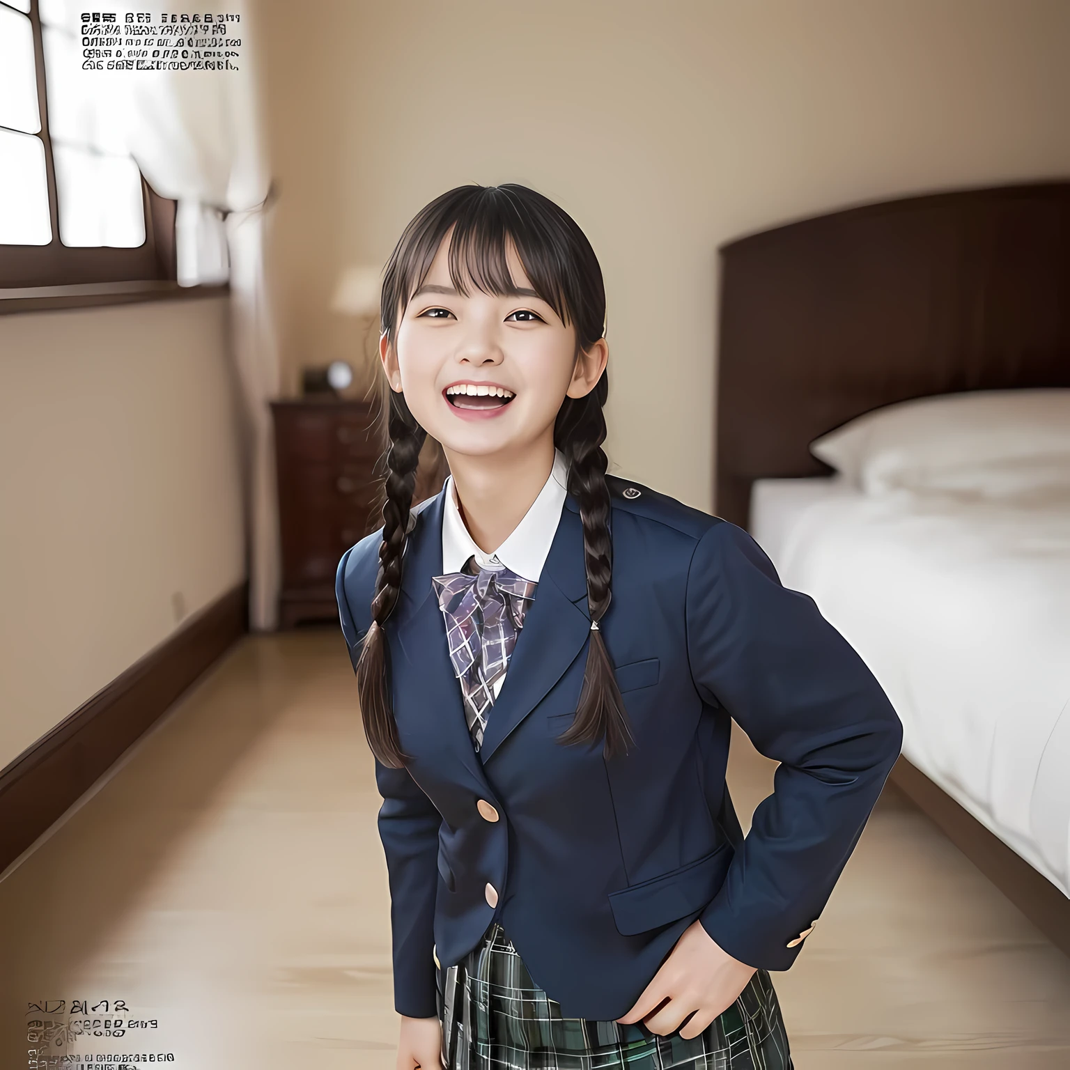 (highest quality、masterpiece:1.2)、highest quality、realistic、photograph、High resolution、1080p、8K、The face is especially pale., physical rendering、((only one Japanese girl)), (((((A 15-year-old Japanese girl, 155cm tall, is a super beautiful fashion model for a magazine for girls, appealing to readers how cute she is in uniform.))))), , (((big very detailed beautiful dark brown eyes))), ((blue girly large wine-red glossy polyester Japanese school ribbon bow tie)), (((black very beautiful and very very long braids hair))), ((((deep blue colored tartan checkered formal long pleated pleated skirt)))), ((A unpatterned formal dark blue blazer in solid that is slightly oversized and has an emblem on the left chest.)), (((((((laughing at me!))))))), mouth is open, The large blazer and skirt are very cute., detailed fingers, ((curled bangs)), so beautiful, ((Carefully and delicately beautifully drawn、Very big and very very very cute eyes of a Japanese girl)), double eyelids, thin eyebrows, ((drooping eyes)), (((very long eyelashes))), ((cute lovely lovely laughing laughing cheeks)), ((Pure white light hits her face from above and in the front, making her skin and eyes shine beautifully.)), ((Strong light hits the nose and cheeks、It brings out the richness of the expression.)), (((((She has a very expressive face, very pure and very sweet.))))), (((Girls are watching viewers))), (((((At a very gorgeous room))))), (((shot from the side)))