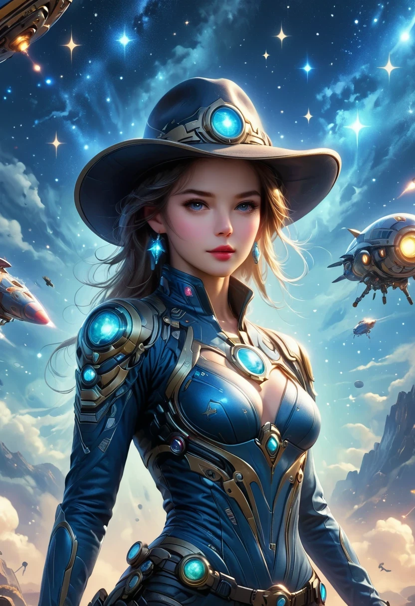 Alien in denim suit on alien spaceship，Wearing a stylish cowboy hat，Futuristic starry sky background，Alien Technology，Mechanical Cowboy，Mechanical spaceship