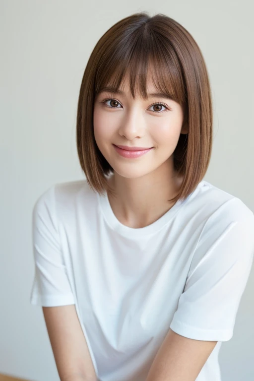 Best quality , 1beautiful woman , wear a white T-shirt , Bob Cut , Half Smile , clear eyes , looking at viewer , white background , photo