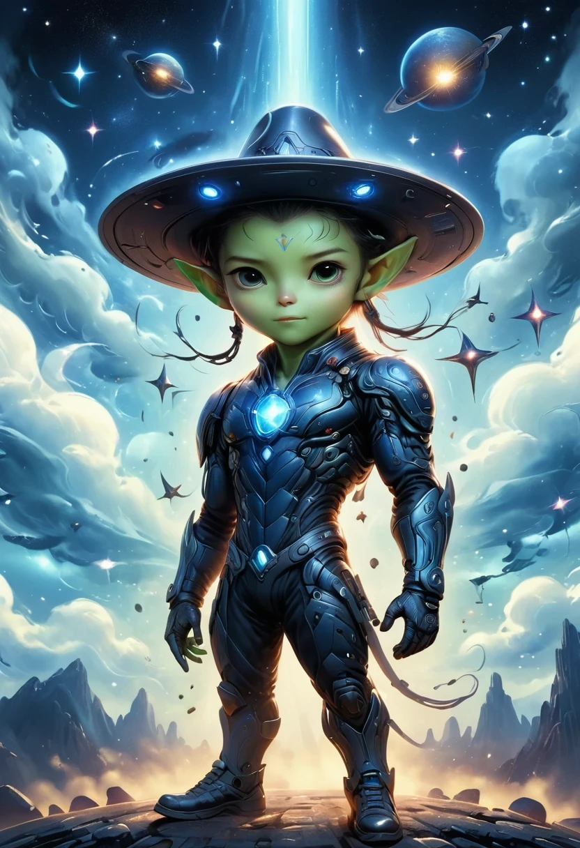 Alien in denim suit on alien spaceship，Wearing a stylish cowboy hat，Futuristic starry sky background，Alien Technology，Mechanical Cowboy，Mechanical spaceship