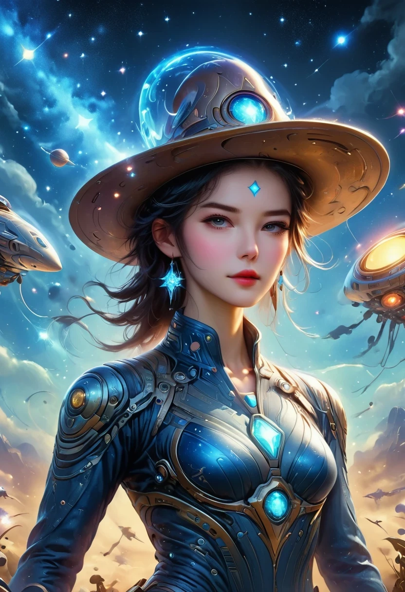 Alien in denim suit on alien spaceship,Wearing a stylish cowboy hat,Futuristic starry sky background,Alien Technology,Mechanical Cowboy,Mechanical spaceship