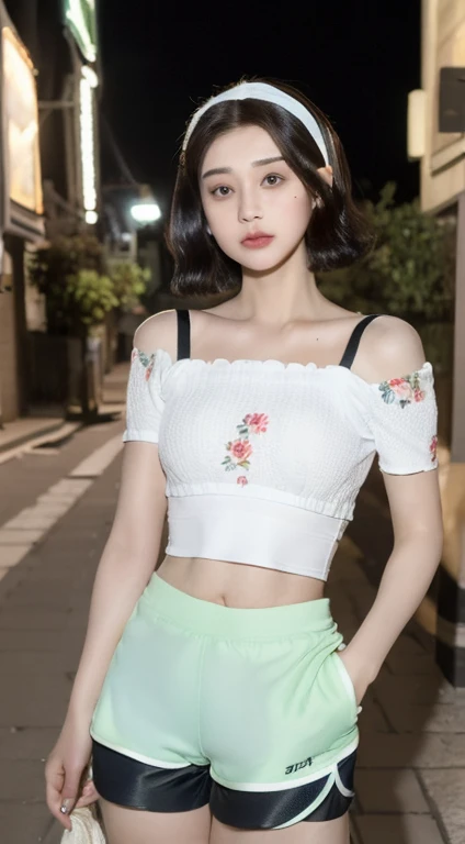 ((Best Quality, 8K, Masterpiece: 1.3)), (Flower Cap: 1.3), Focus: 1.2, Perfect Body Beauty: 1.4, Buttocks: 1.2, (Layered Haircut: 1.2)), (Dark Street: 1.3), Highly Detailed Face and Skin Texture, Full Body, Delicate Eyes, Double Eyelids, Whitened Skin, Long Hair, (Round Face: 1.5), (Loose Crop Top, Shorts: 1.6)