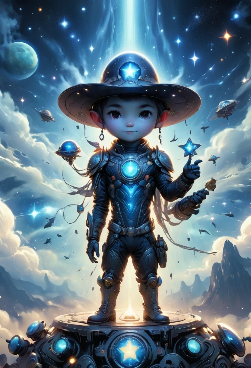Alien in denim suit on alien spaceship,Wearing a stylish cowboy hat,Futuristic starry sky background,Alien Technology,Mechanical Cowboy,Mechanical spaceship