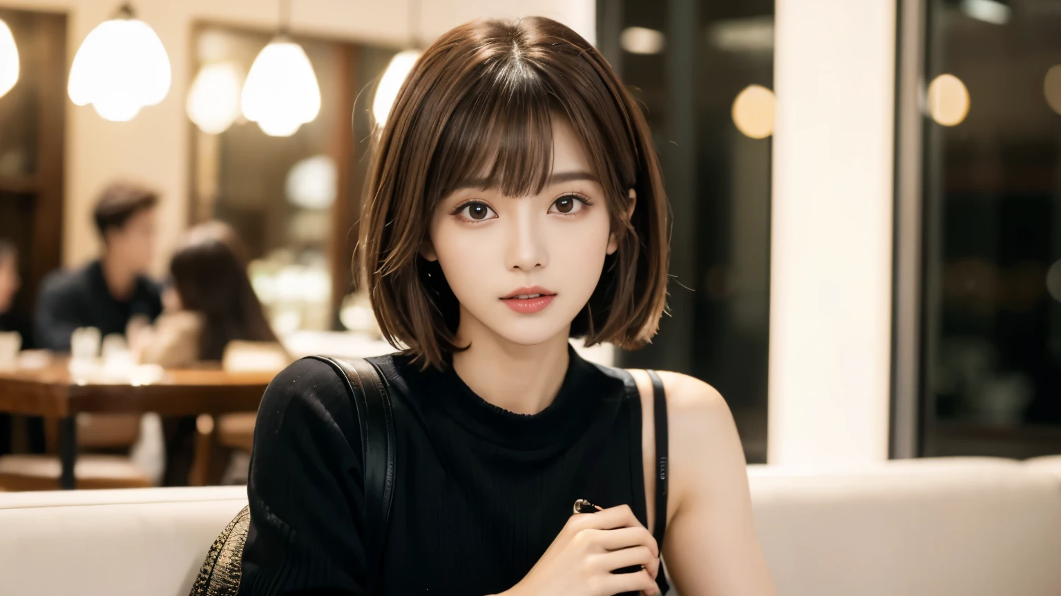 (masterpiece, Very detailed, Very detailed, Exquisite, 16k, Confused), woman, 19 years old, glamorous, (Suppin breeze:1.4), Looking at the audience, short hair, Messy Hair, Diagonal bangs, brown hair, Brown eyes, Upper Body, movie lighting, Blurry background in focus, inside a stylish cafe, Urban Cafe