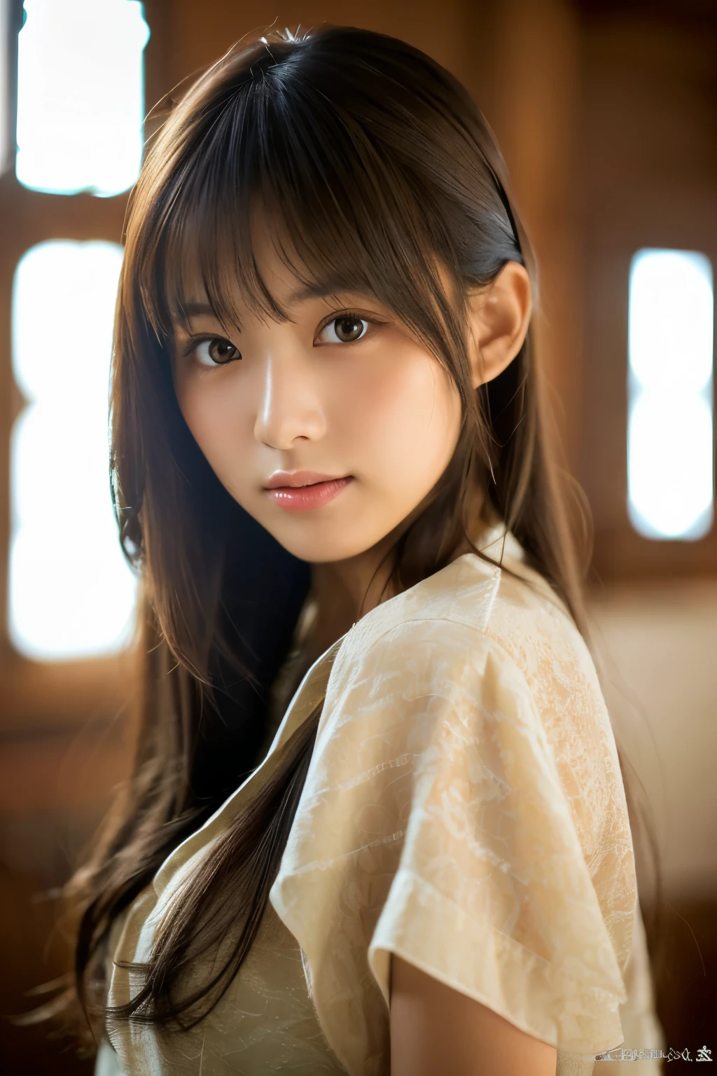 best quality, face focus, soft light, ultra high res, (photorealistic:1.4), RAW photo, 1japanese girl, solo, cute, (pupil, lights in the eyes), detailed beautiful face, (),(high resolution detail of human skin texture), (long hair), indoor, Damask Shirt Dress, (portrait),cowboy shot,