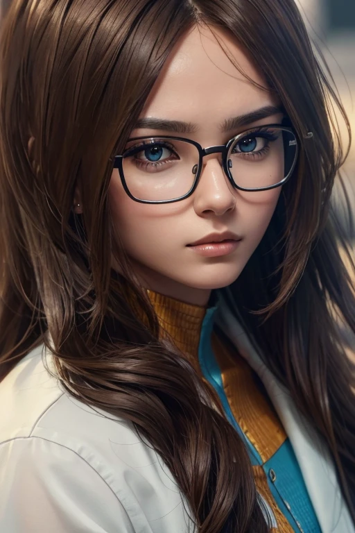 masterpiece, textured skin, high details, high quality, best quality, highres, 1080P, HD, 4K, 8k, 16k, award winning, super detail,close up face, serious face , glasses, brown hair, long hair 