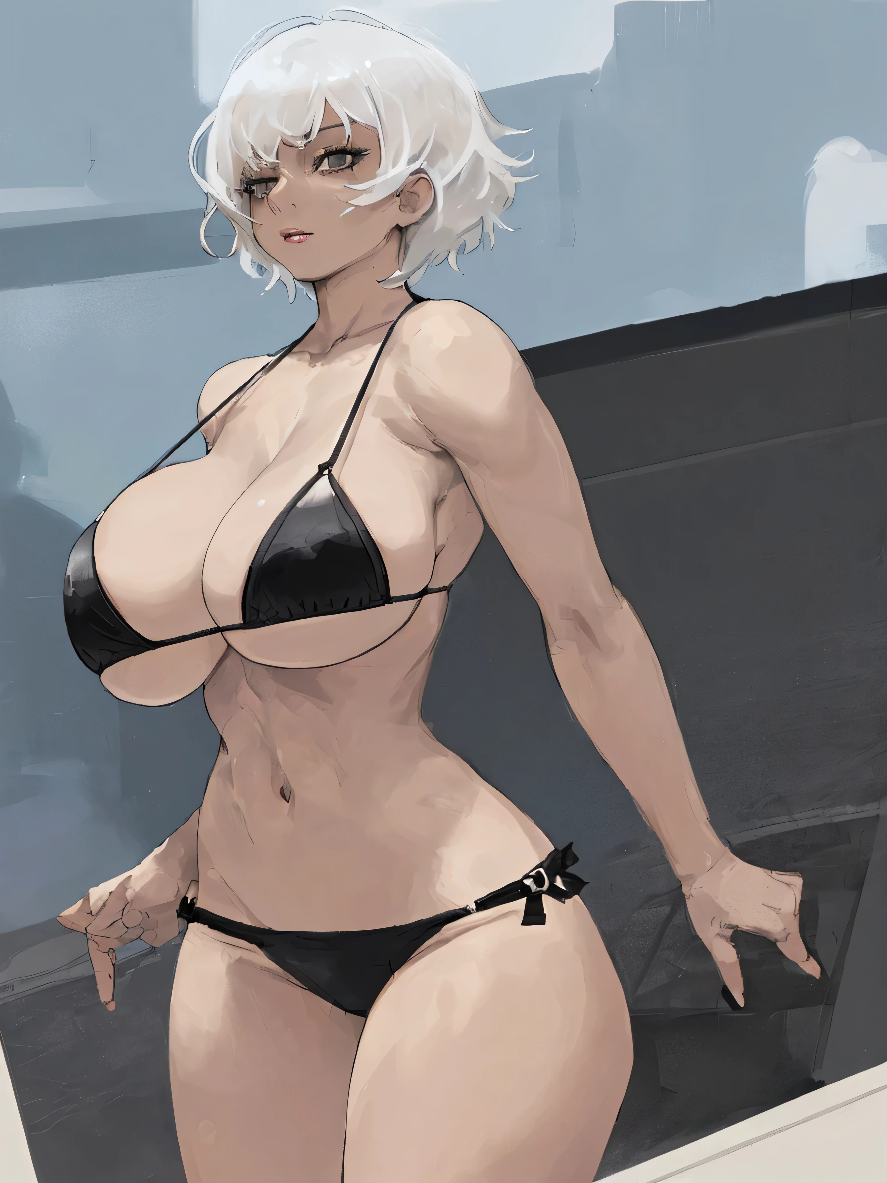 Woman, short white hair, big breasts, Taking off her black bikini and showing her breasts