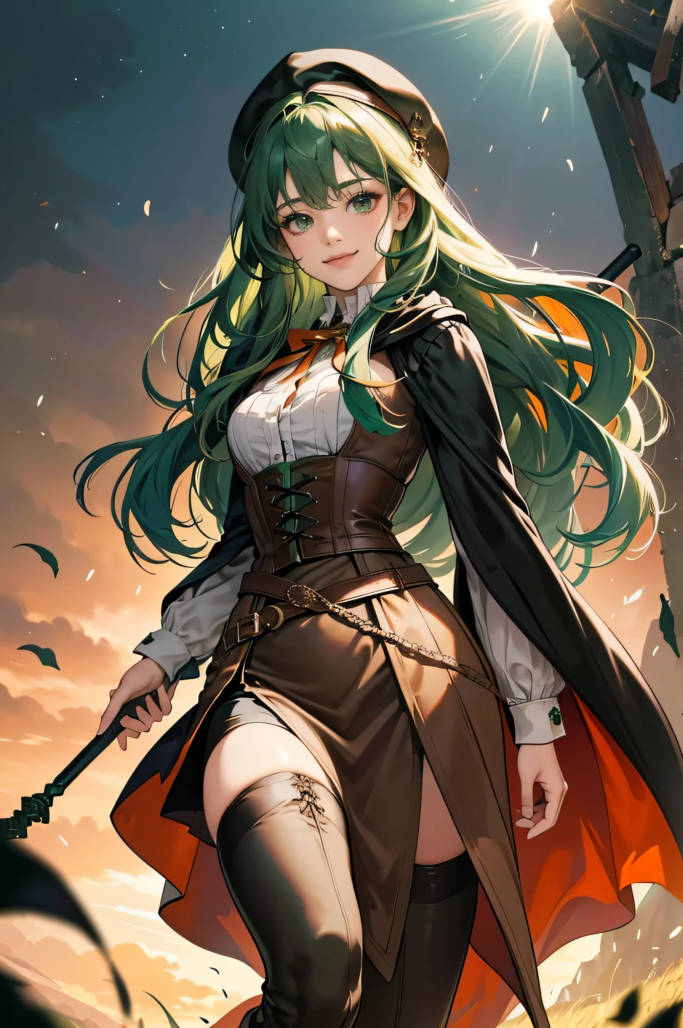masterpiece, ultra detailed, 8k portrait, RAW photo, portrait photography, highly detailed face, beautiful and meticulous eyes, ((Fantasy)), Young beautiful, 22 years old, smile, dynamic pose, (((Long Straight deep green hair))), ((One side is woven with orange ribbon)), blunt bangs, beret, White skin color, Luxury, hooded (((dark brown))) (((silk long cloak))) fluttering in the wind, (((dressed shirt))), (((maxi skirt))), leather corset, (((dark thigh high tights))), high cut leather boots, (((lift up long magical staff))), ((equip a pocket watch)), Midday Sun, hyper realistic, Body model, Small breasts, Beautiful breasts, Long legs, in the castle, Ambient lighting, Shadow details , Camera focus on face, strong breeze, Light fog