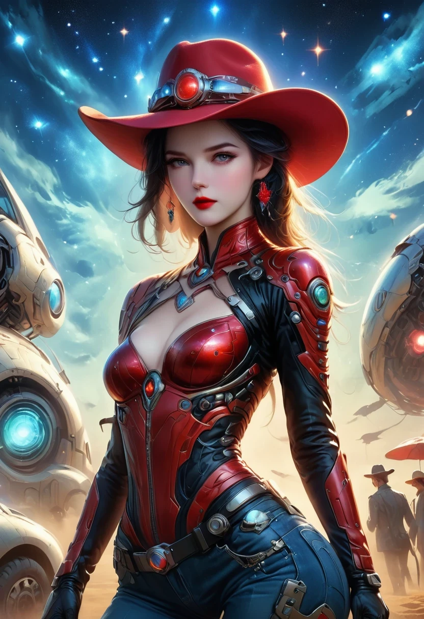 masterpiece, pale skin, red lips, light eyes, Eyeshadow, A beautiful woman wearing a fashionable cowboy hat on an alien planet,Cyberpunk cowboy in interstellar tavern,Futuristic starry sky background,Alien Technology,Mechanical Cowboy,Wearing a red and black mechanical suit, Mafia style mechanical suit,Wearing a stylish cowboy hat,Jeans and high heels, Very detailed body, Alien Technology in detail, Chiaroscuro, Natural light, Very detailed, Magnificent starry sky