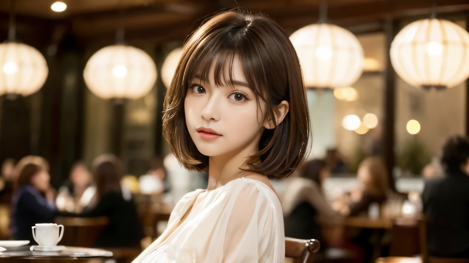 (masterpiece, Very detailed, Very detailed, Exquisite, 16k, Confused), woman, 19 years old, glamorous, (Suppin breeze:1.4), Looking at the audience, short hair, Messy Hair, Diagonal bangs, brown hair, Brown eyes, Upper Body, movie lighting, Blurry background in focus, inside a stylish cafe, Urban Cafe 