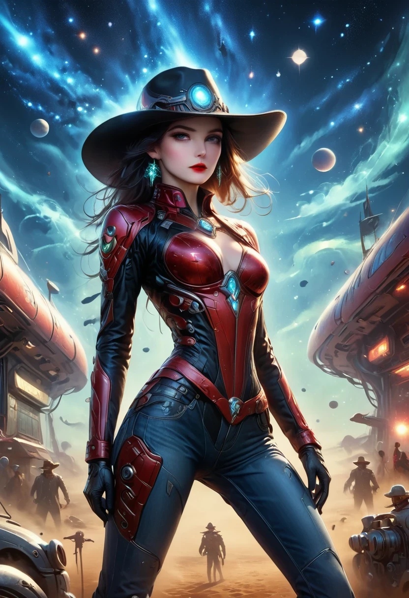 masterpiece, pale skin, red lips, light eyes, Eyeshadow, A beautiful woman wearing a fashionable cowboy hat on an alien planet,Cyberpunk cowboy in interstellar tavern,Futuristic starry sky background,Alien Technology,Mechanical Cowboy,Wearing a red and black mechanical suit, Mafia style mechanical suit,Wearing a stylish cowboy hat,Jeans and high heels, Very detailed body, Alien Technology in detail, Chiaroscuro, Natural light, Very detailed, Magnificent starry sky