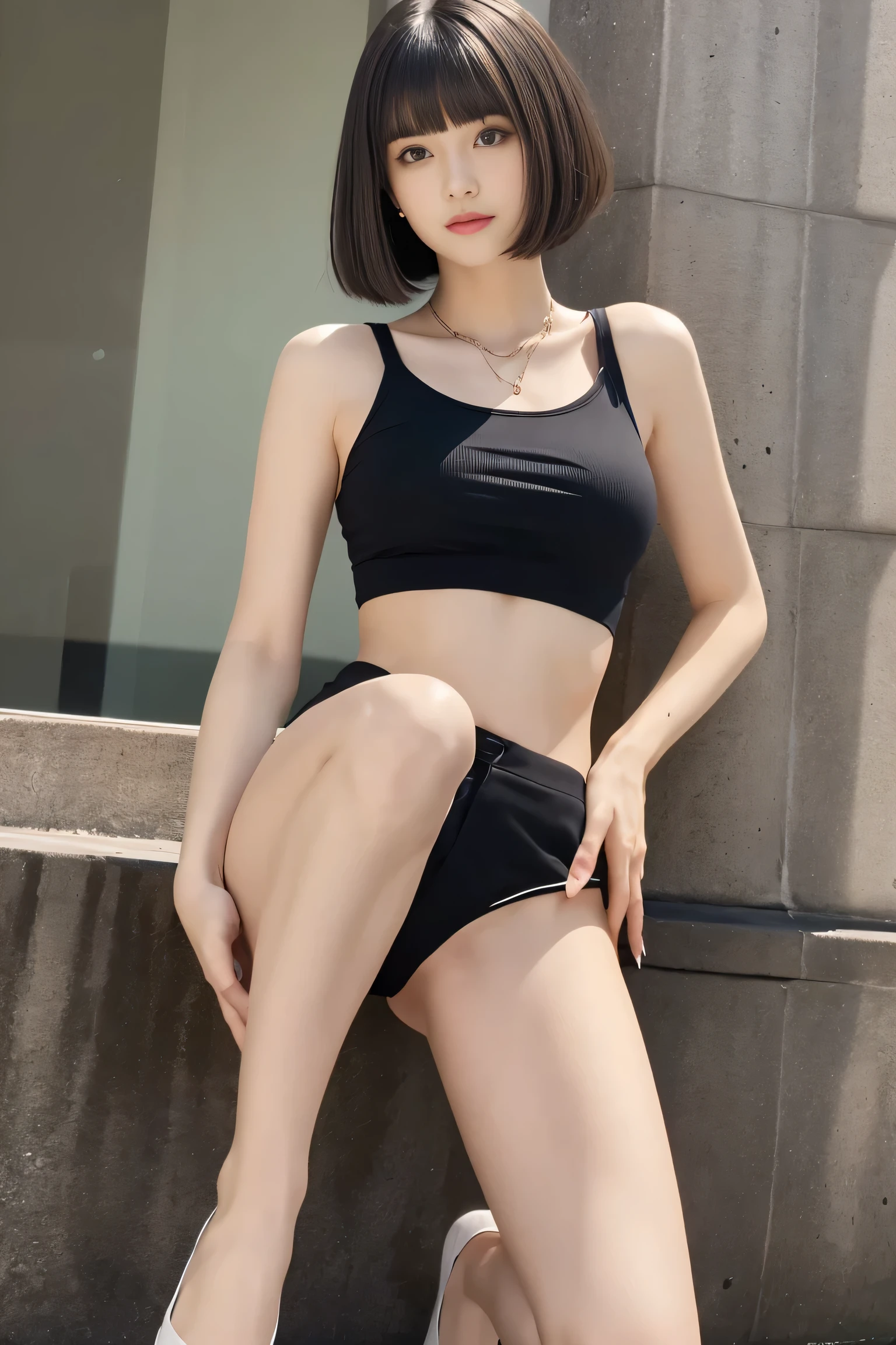 ,(((masterpiece, highest quality, Very detailed))), 1 female, (((very thin body))) , (((length, Thin legs))), (((black short hair,Blunt bangs):1.2)), (((Very detailedな顔))), No cosmetics, small, Thin Nose, small thin mouth, (((Very sharp focused eyes))), Japanese, Beautiful Face, (A vivid face), Beautiful Hairstyles, Realistic eyes, Beautiful and beautiful eyes, Beautiful body,(real skin), Beautiful Skin, charm, Ultra-high resolution, Surreal, Attention to detail, Golden Ratio, Elevation,(Detail Makeup:1.2), Tank top,wearing hot pants,ruins at night,Leg spread,Shooting from below