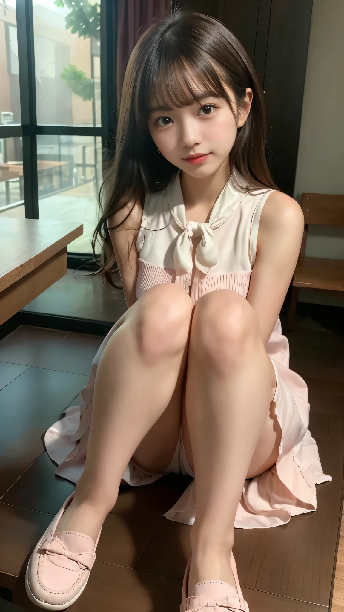 (Tabletop), ((A mysterious sunset:1.3)), (((From head to toe))), (), (blush:1.5), (Delicate girl), (A cute scarf around your neck), (((Neat ladies dress))), ((Two Side Up)), (Tie your hair cutely:1.2), (cute loafers:1.5), (slim thighs:1.3), (Part your bangs to show your forehead:1.3), (Medium breast:1.2), (Beautiful hip line:1.3), (tight little butt:1.3), (Cute small face), (small nose), (Moisturizing lips:1.3), (Cute expression:1.5), (detailed legs:1.3), (slim thighs:1.3), (Open your legs a little:1.3), (Cute panchira:1.5), (Small feet), (Perfect Anatomy), (detailed skin texture), (Professional Lighting), (Facial lighting), (nffsw++:1.10), (Ultra-high resolution), (highest quality), (Improvement of quality), (Ultra-detailed), (Accurate Color), (photogenic:1.3), (Accurate Shadows), (Idol Face), (Digital single-lens reflex camera), (Sophisticated), Film Grain, chromatic aberration,