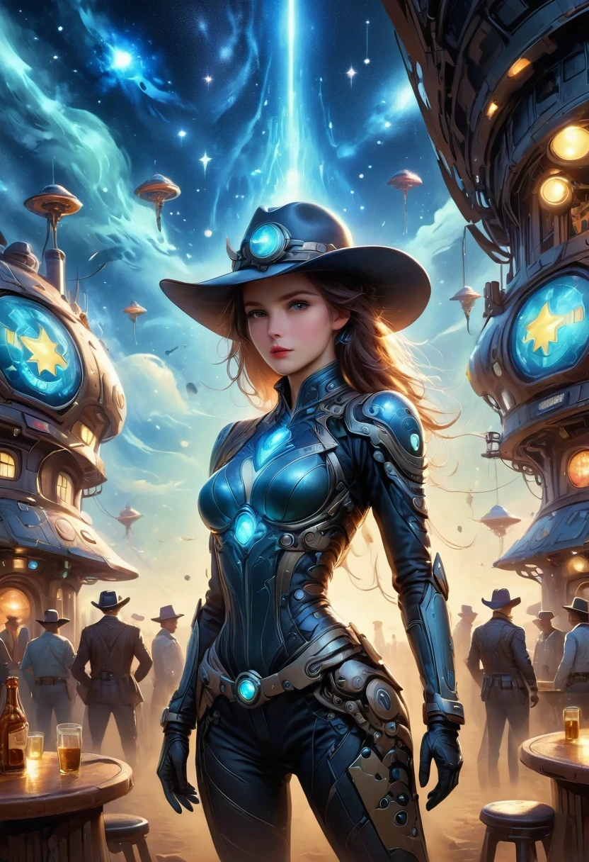 Aliens in cowboy suits in interstellar taverns，Wearing a stylish cowboy hat，Futuristic starry sky background，Alien Technology，Mechanical Cowboy，Mechanical Tavern