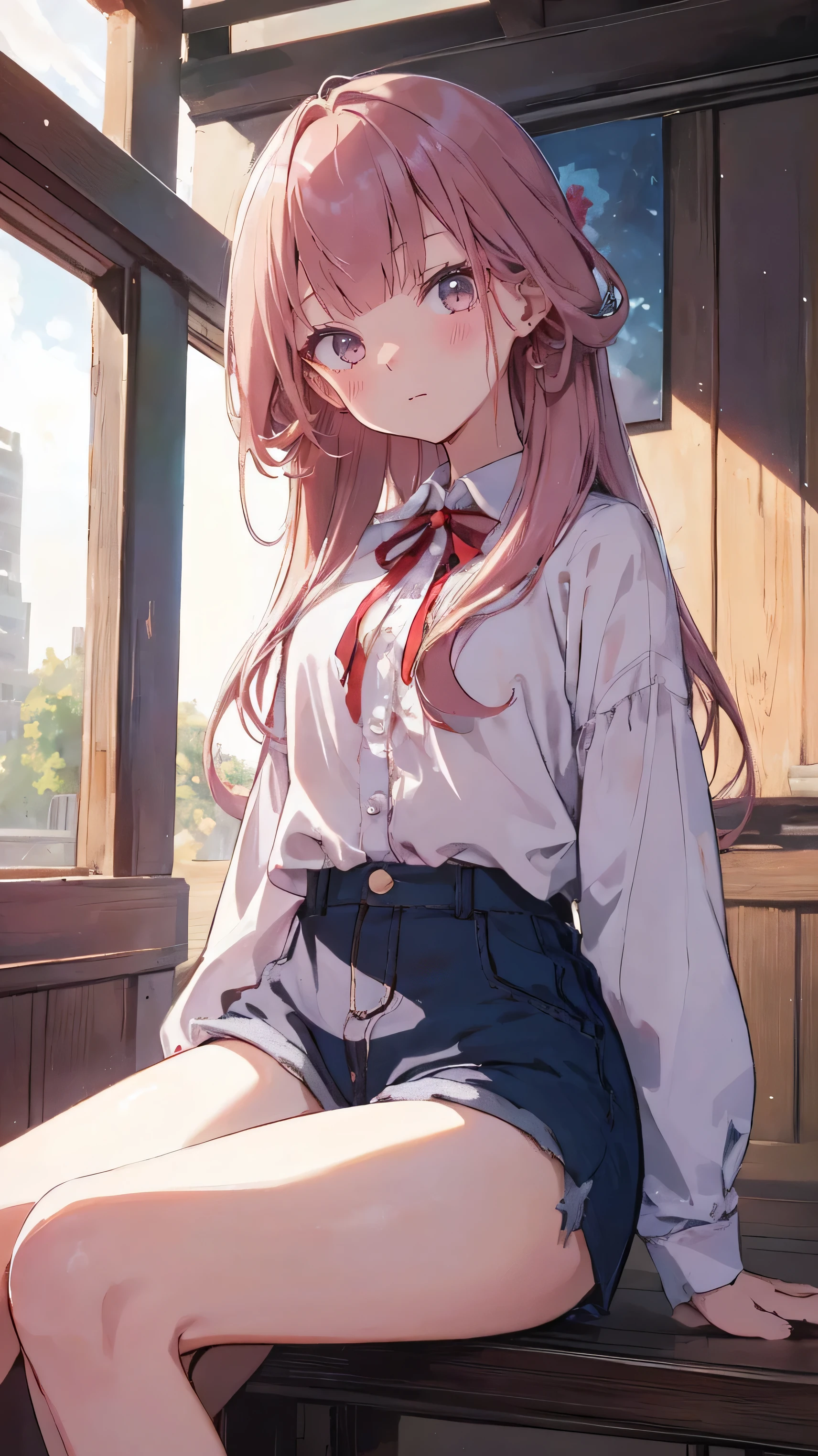 master piece、Highest image quality、highest quality、 ((panic))、glossy hair quality、small face、sitting、Super detailed and beautiful bright eyes、Super detailed clear and beautiful face、(cute illustration:1.2), High-resolution, ultra-detailed, best quality, embarrassed、(Gaps in shorts).(You can see her cute underwear through the gap)、