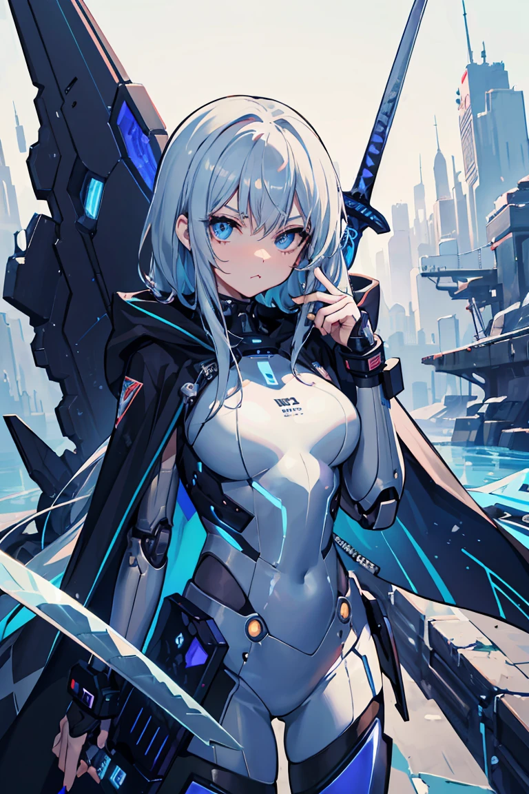 Cowboy Shot, Cowboy Shot, (Pouting face),Has a huge sword, Surreal, detailed anime face, White Armor, Female robot suit, Mask with V-shaped corners, Wearing a cybernetic techwear cloak, huge extra booster, Lightless Eyes, Sleek design, Dark fantasy, Futuristic Environment,tonality, Romanticism, modern art, Impressionism, reflected light, 8k, masterpiece, Advanced Details, highest quality, Just five fingers