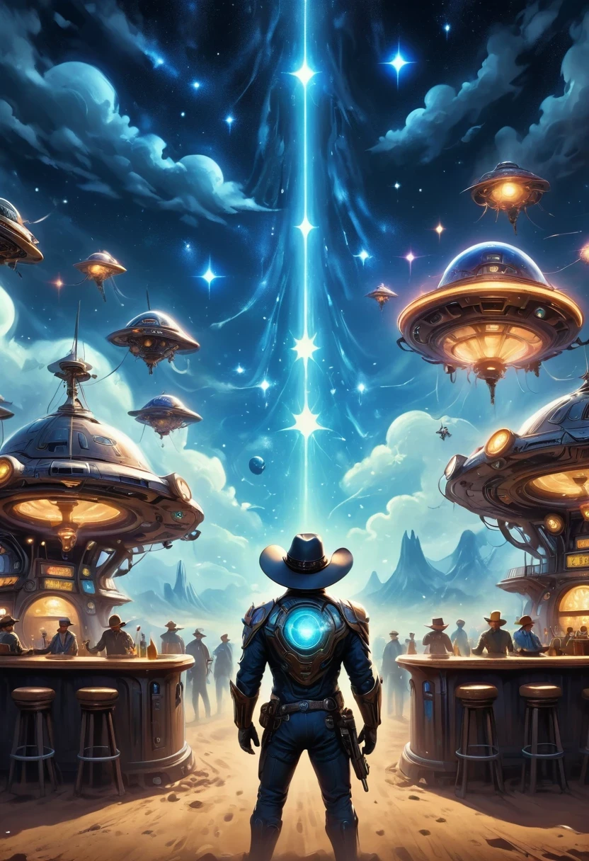 Aliens in cowboy suits in interstellar taverns,Wearing a stylish cowboy hat,Futuristic starry sky background,Alien Technology,Mechanical Cowboy,Mechanical Tavern
