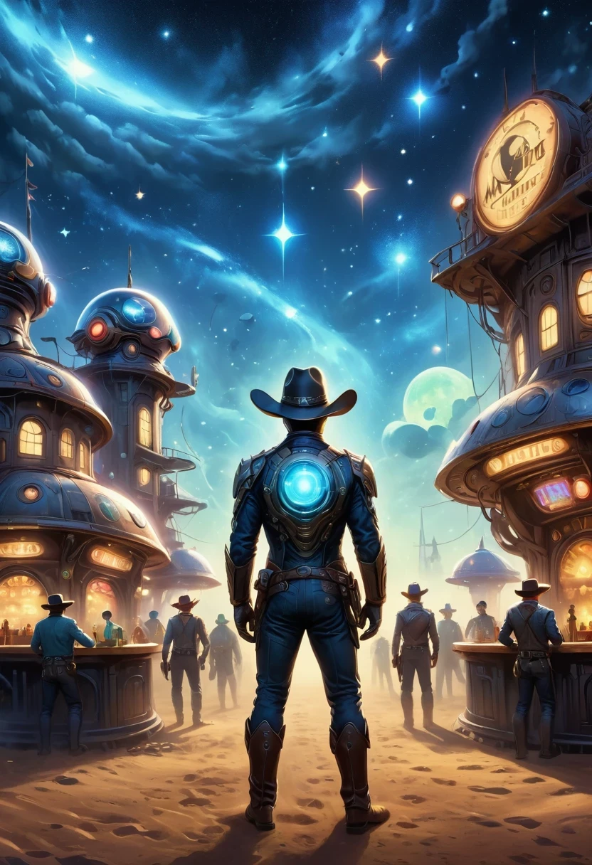 Aliens in cowboy suits in interstellar taverns，Wearing a stylish cowboy hat，Futuristic starry sky background，Alien Technology，Mechanical Cowboy，Mechanical Tavern
