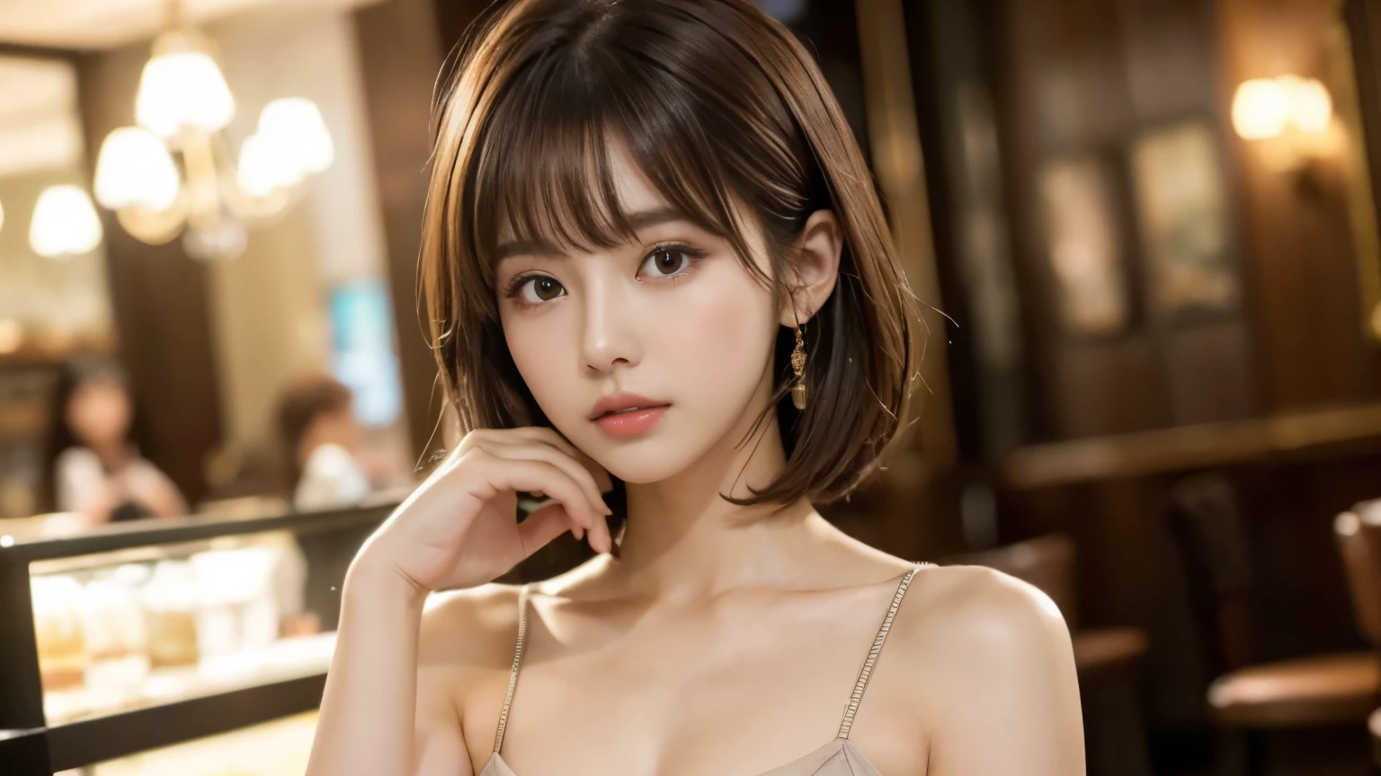(masterpiece, Very detailed, Very detailed, Exquisite, 16k, Confused), woman, 19 years old, glamorous, (Suppin breeze:1.4), Looking at the audience, short hair, Messy Hair, Diagonal bangs, brown hair, Brown eyes, Upper Body, movie lighting, Blurry background in focus, inside a stylish cafe, Urban Cafe