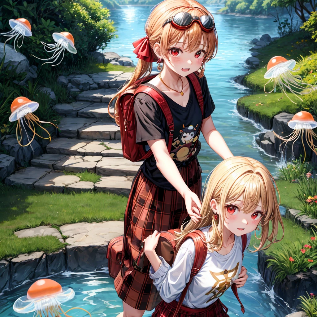 Brown, red, gold, golden hair、red eyes、One good looking girl、solo、anime、plaid mini skirt、black camisole、Black T-shirt、hoodie、Wearing a ribbon、Ribbon on waist、Crystal Earrings、treasure石のネックレス、Light and shadow、Tilting face、teeth are visible、pillar、Kind Face、Kuroko、Diamond dust、grassland、Water running down the stairs、Overflowing、Ants are walking、sulking、is increasing、treasure、Hope、wearing goggles on head、jellyfish、Carrying a backpack