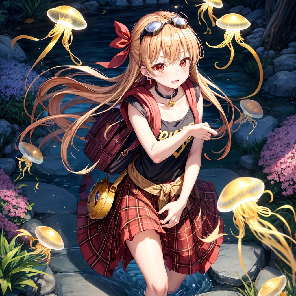 Brown, red, gold, golden hair、red eyes、One good looking girl、solo、anime、plaid mini skirt、black camisole、Black T-shirt、hoodie、Wearing a ribbon、Ribbon on waist、Crystal Earrings、treasure石のネックレス、Light and shadow、Tilting face、teeth are visible、pillar、Kind Face、Kuroko、Diamond dust、grassland、Water running down the stairs、Overflowing、Ants are walking、sulking、is increasing、treasure、Hope、wearing goggles on head、jellyfish、Carrying a backpack