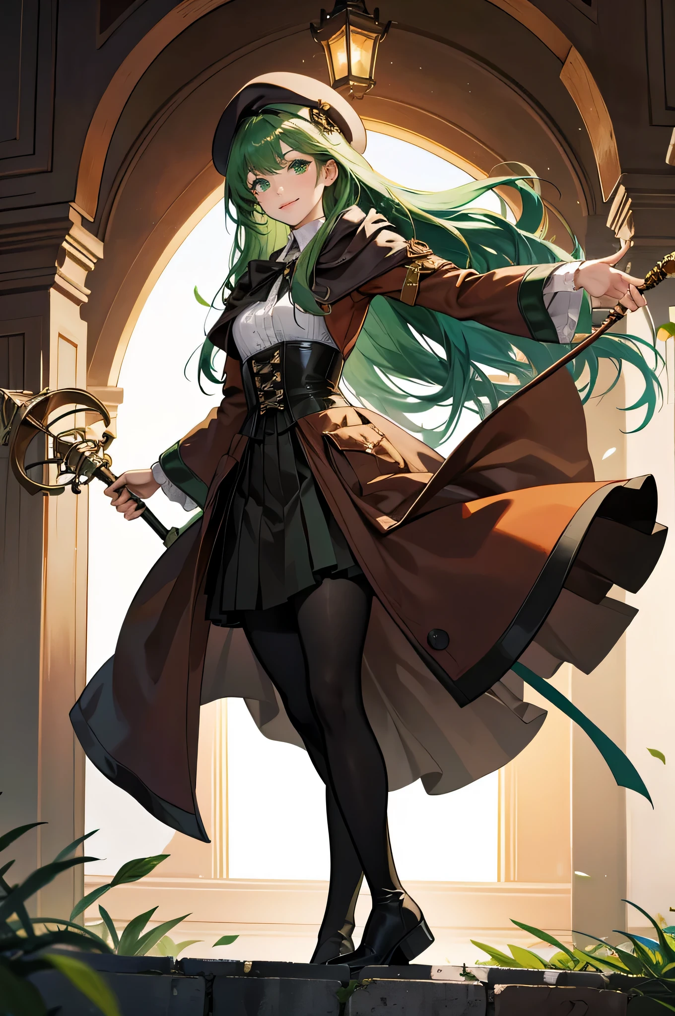 masterpiece, ultra detailed, 8k portrait, RAW photo, portrait photography, highly detailed face, beautiful and meticulous eyes, ((Fantasy)), Young beautiful, 22 years old, smile, dynamic pose, (((Long Straight deep green hair))), ((One side is woven with orange ribbon)), blunt bangs, beret, White skin color, Luxury, hooded (((dark brown))) (((silk long cloak))) fluttering in the wind, (((dressed shirt))), (((maxi skirt))), leather corset, (((dark thigh high tights))), high cut leather boots, (((lift up long magical staff))), ((equip a pocket watch)), Body model, Small breasts, Beautiful breasts, Long legs, Midday Sun, Hyper realistic, in a castle, Ambient lighting, Shadow details, strong breeze, Light fog