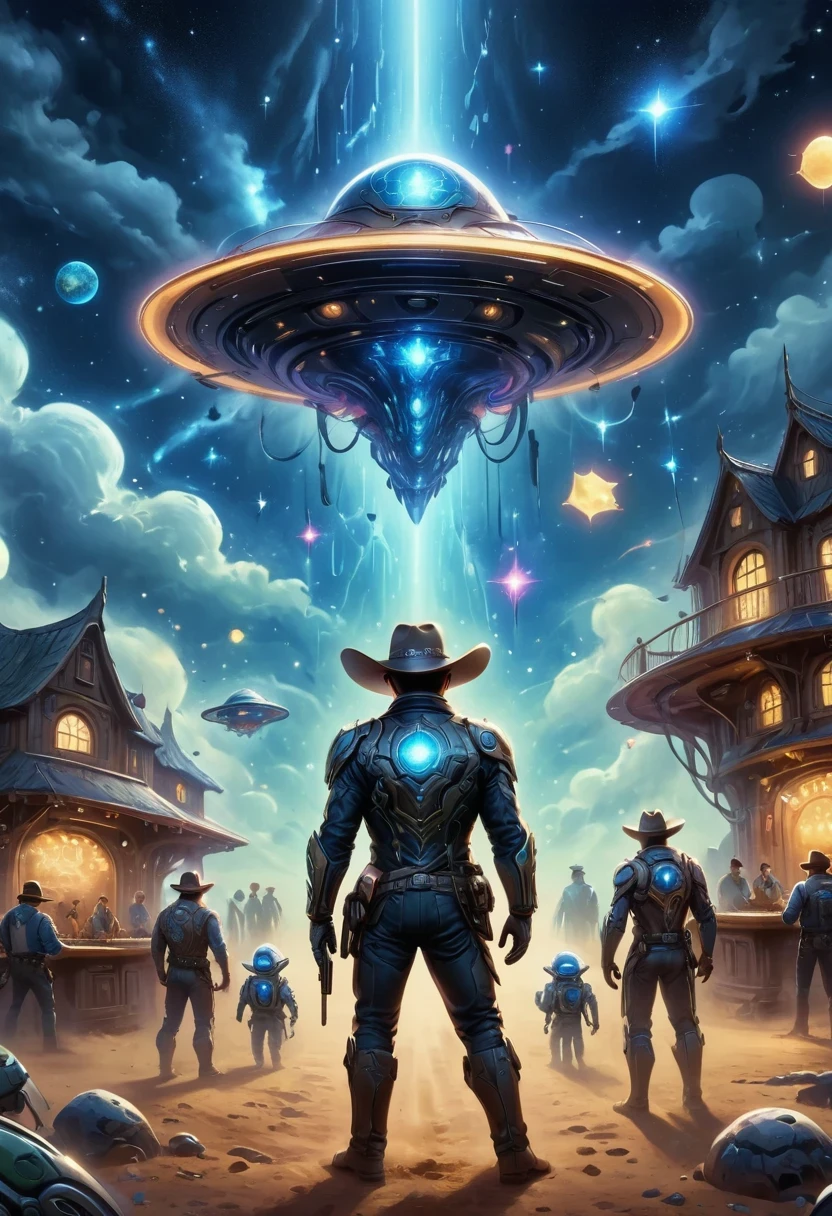 Aliens in cowboy suits in interstellar taverns,Wearing a stylish cowboy hat,Futuristic starry sky background,Alien Technology,Mechanical Cowboy,Mechanical Tavern