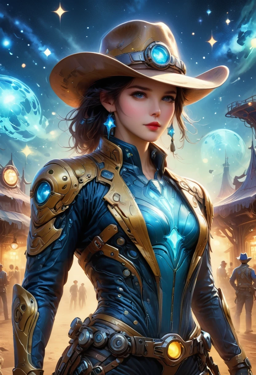 Aliens in cowboy suits in interstellar taverns，Wearing a stylish cowboy hat，Futuristic starry sky background，Alien Technology，Mechanical Cowboy，Mechanical Tavern