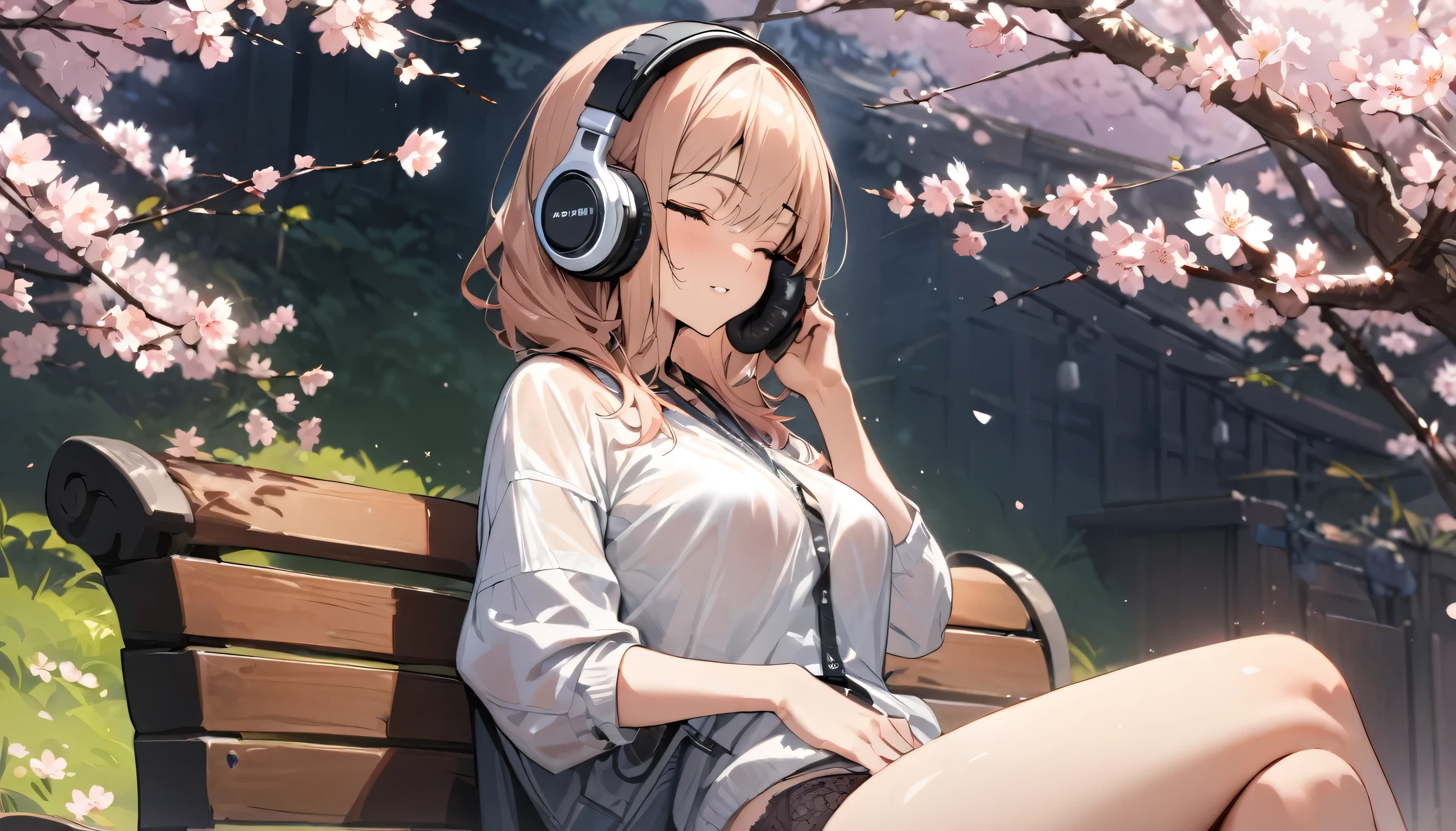 ((best quality)), ((masterpiece)), (detailed), perfect face, sitting under the cherry blossom tree, listening to music, One woman, wearing headphones, eyes closed, wearing underwear, underwear is transparent, sitting on a bench