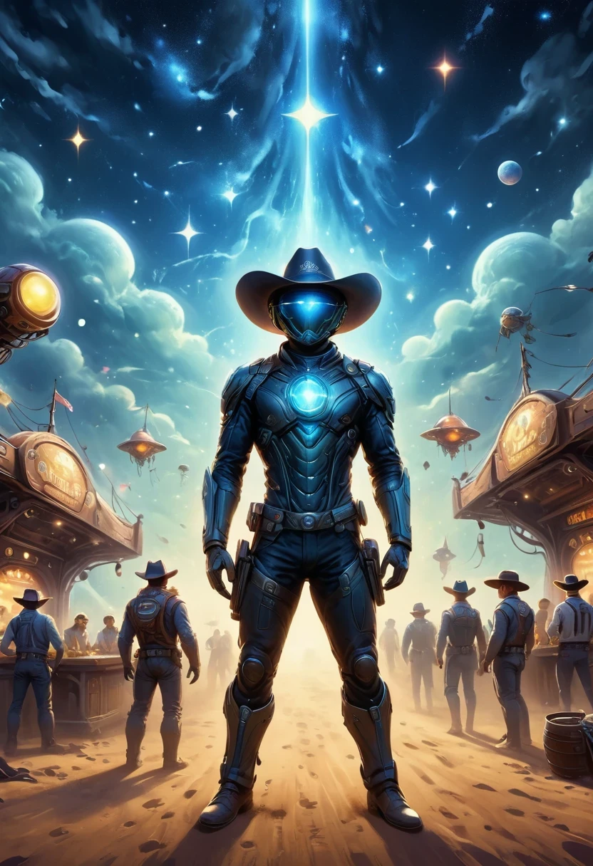 Aliens in cowboy suits in interstellar taverns,Wearing a stylish cowboy hat,Futuristic starry sky background,Alien Technology,Mechanical Cowboy,Mechanical Tavern