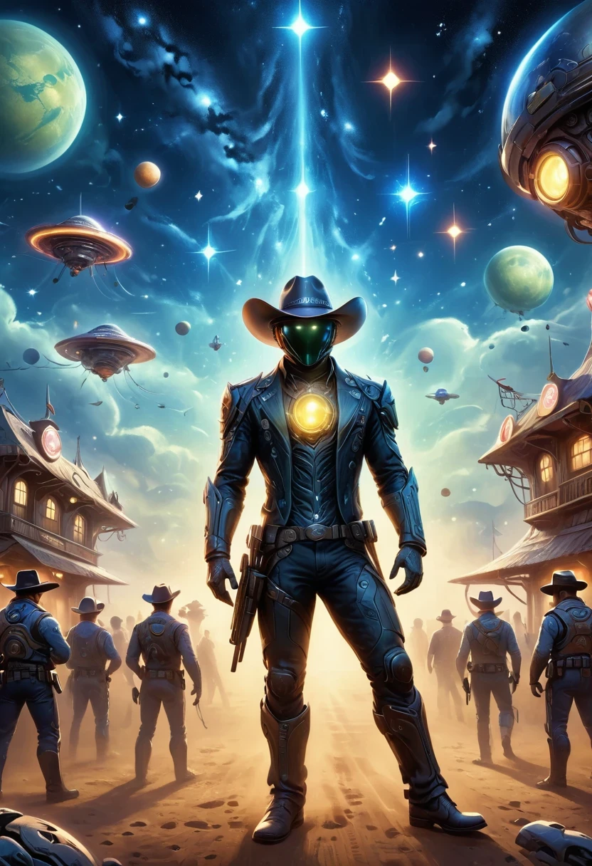 Aliens in cowboy suits in interstellar taverns,Wearing a stylish cowboy hat,Futuristic starry sky background,Alien Technology,Mechanical Cowboy,Mechanical Tavern
