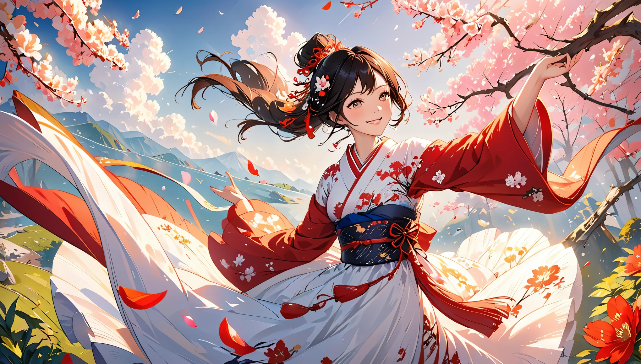 ((highest quality)),(Ultra-high resolution),(Very detailed),(Detailed Description),((The best CG)),(A masterpiece),Ultra-precise art,amazing drawing art,(Oriental fantasy art with intricate detail:1.5), (woman wearing kimono:1.5),(Beautiful and well-proportioned face:1.4),(smile:1.5), dance:1.6, Shiny black hair fluttering in the wind, Dancing petals, Warm and soft sunlight:1.7, Harmony,soft,