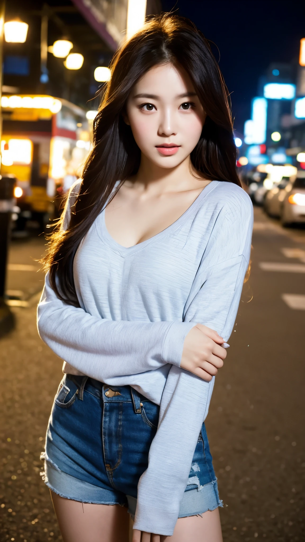 Model: Jane A beautiful young Asian ladyBody: Mid-chest, action: outdoor, City Streets: Casual wear Time of day: Night theme: Realistic lighting: Natural light camera: Film Camera 50mm Portrait Quality: 8K, Ultra-realistic Sony Alpha 50mm