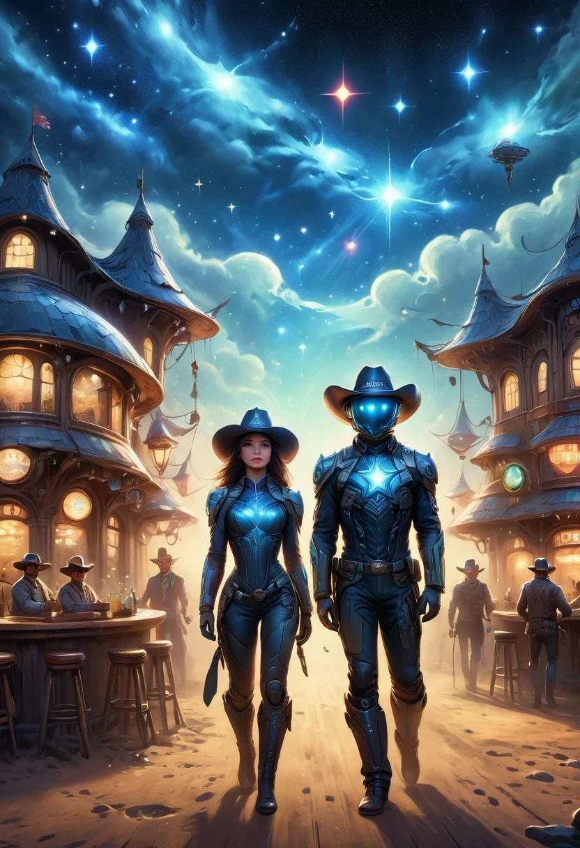 Aliens in cowboy suits in interstellar taverns,Wearing a stylish cowboy hat,Futuristic starry sky background,Alien Technology,Mechanical Cowboy,Mechanical Tavern