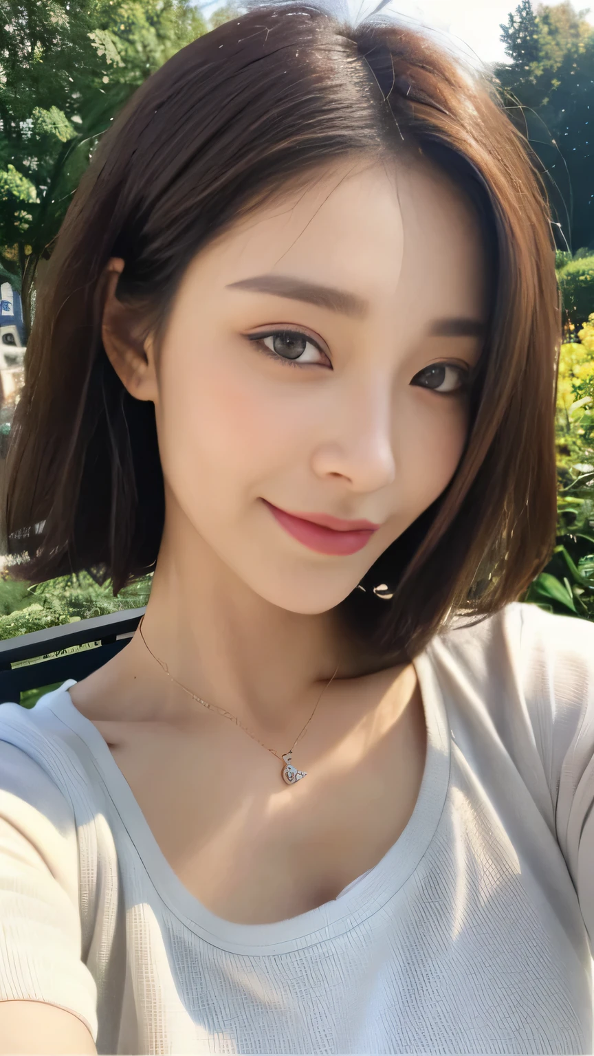 ((highest quality, 8K, masterpiece:1.3)), concentrated:1.2, Perfect body beauty:1.4, Hips:1.2, ((Delicate Hair)), (A fashionable summer T-shirt with a colorful irregular neckline, back tie and slim fit.、 :1.1) , ((highest quality、8K、masterpiece:1.3))、1 Girl、A sloppy smile、Esbian all over、Slim face、Big 、Beautiful woman、(Dark Brown Hair)、、1.1、Flickering Valley、Detailed eyes、double eyelid、Blurred Background、超Slim face、Looking down、garden、