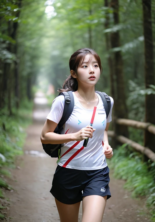 Close-up of trail running, running posture,full-body shot,big ，Showing breast line，wearing white clothes，Use two trekking poles，Backpack with water bag，The whole body is soaked loomingly，It&#39;s raining heavily，Sunlight penetrating the forest，stream，Korean Girl, beautiful south Korean woman, gorgeous young Korean woman, tzuyu from times, beautiful young Korean woman, Korean woman, Nam Jae-yeon, Korean female fashion models, jinyoung shin, portrait of female korean idol, korean idol, Cui Xianhua, Huang Shishi