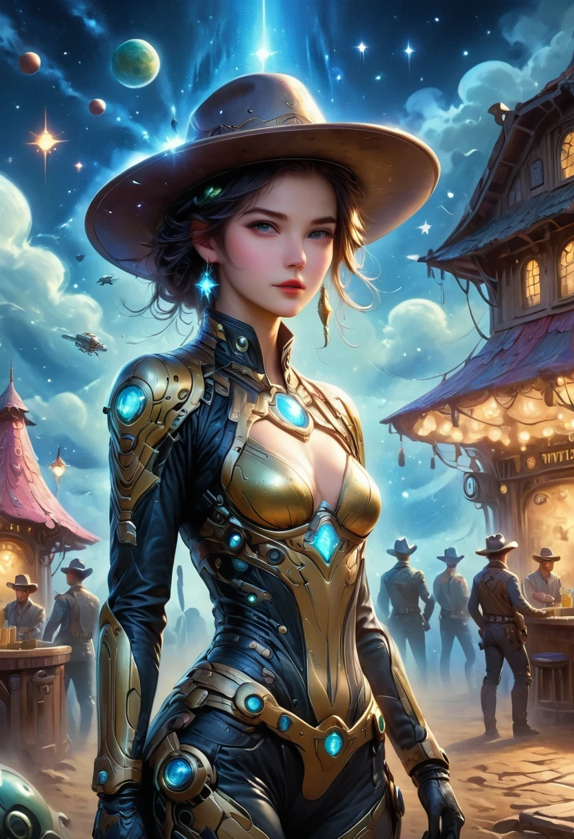 Aliens in cowboy suits in interstellar taverns，Wearing a stylish cowboy hat，Futuristic starry sky background，Alien Technology，Mechanical Cowboy，Mechanical Tavern